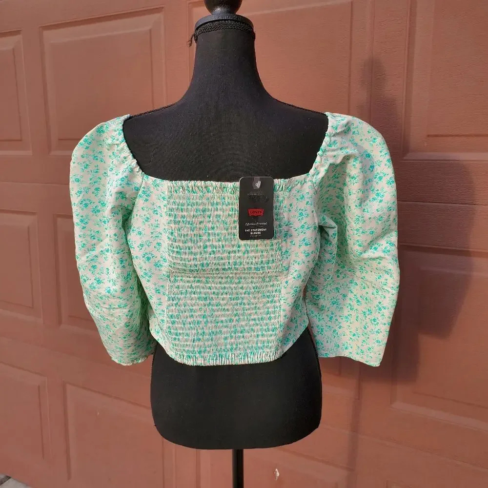 NWT Levi's Yvie Top Women's Large Crop Blouse Puff Sleeves Smocked Cropped Green - Picture 12 of 12